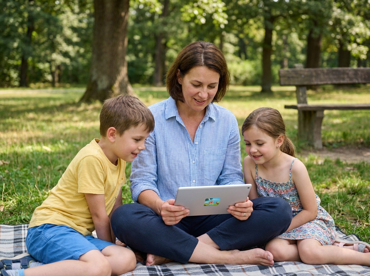 Mère montrant un site internet à ses enfants sur une tablette lors d'un pique-nique en plein air
