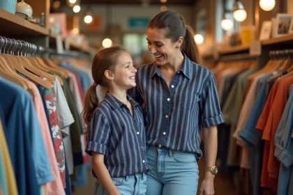 Mère et fille en tenues coordonnées rayées marine faisant du shopping dans une friperie