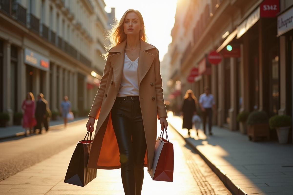 Mannequin élégant marchant dans Paris avec sacs de luxe