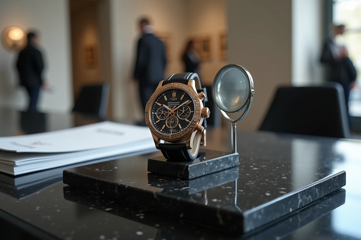 Montre mécanique de luxe exposée sur granit noir dans une salle des ventes horlogères à Zurich