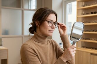 Femme essayant des lunettes rondes en écaille de tortue dans une boutique d'optique minimaliste en hiver
