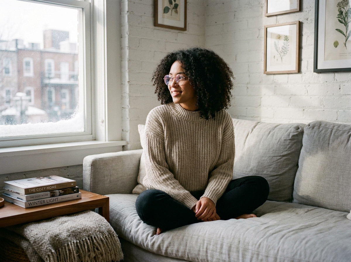 Jeune femme portant des lunettes ovales en métal rose gold dans un salon cosy en hiver