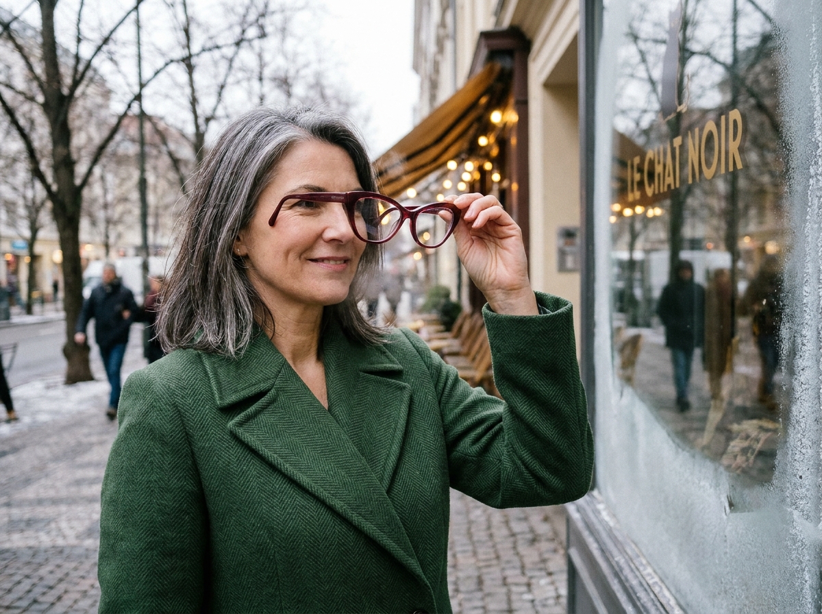 Femme mature avec des lunettes papillon bordeaux essayées dans une rue parisienne en hiver