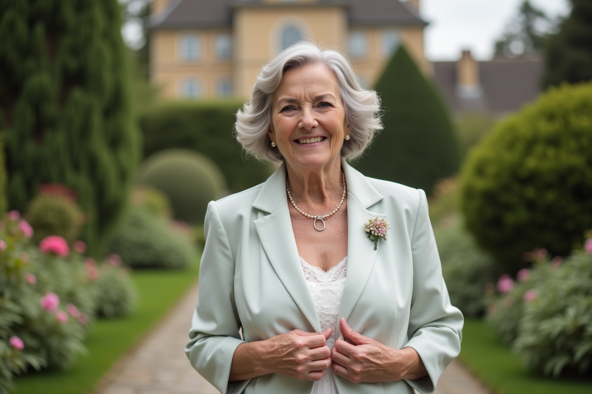 Mère de la mariée en jardin avec sourire joyeux