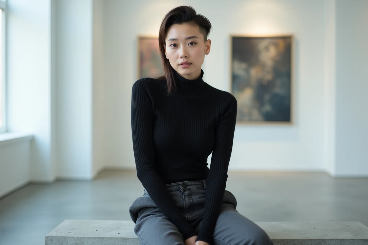 Femme aux cheveux courts avec un mulet asymétrique et déconnecté, habillée en noir dans une galerie d'art contemporaine minimaliste