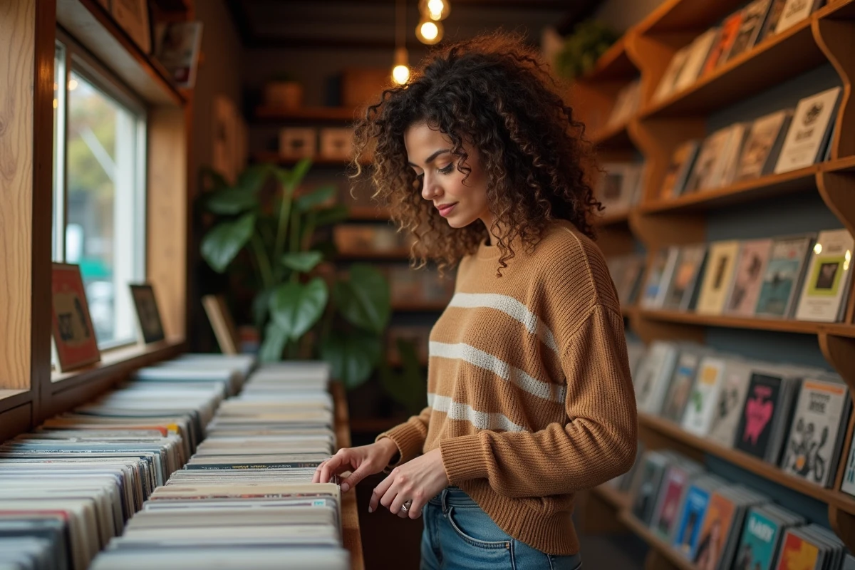 Femme avec un mulet bouclé et volumineux en pull rayé terre en fouillant des vinyles dans un magasin de disques vintage
