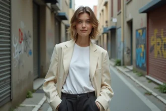 Femme avec une coupe mulet moderne aux mèches ondulées et couches texturées, portant un blazer oversize crème dans un décor urbain