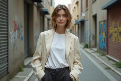 Femme avec une coupe mulet moderne aux mèches ondulées et couches texturées, portant un blazer oversize crème dans un décor urbain
