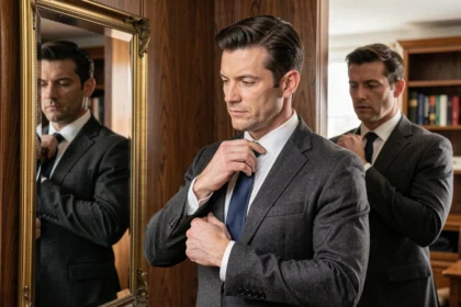 Homme en costume gris charbon réalisant un nœud Windsor devant un miroir dans un dressing élégant