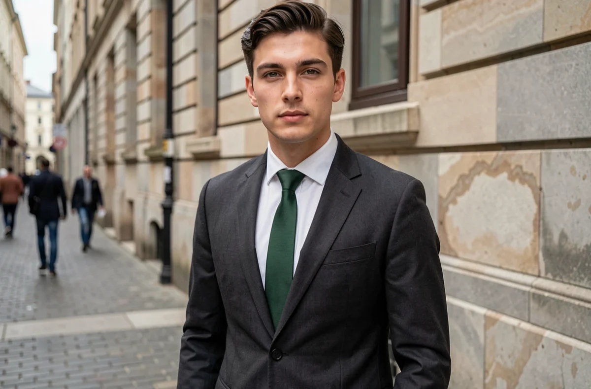 Jeune homme en costume sombre avec cravate Windsor verte posant devant un immeuble en pierre dans une rue urbaine