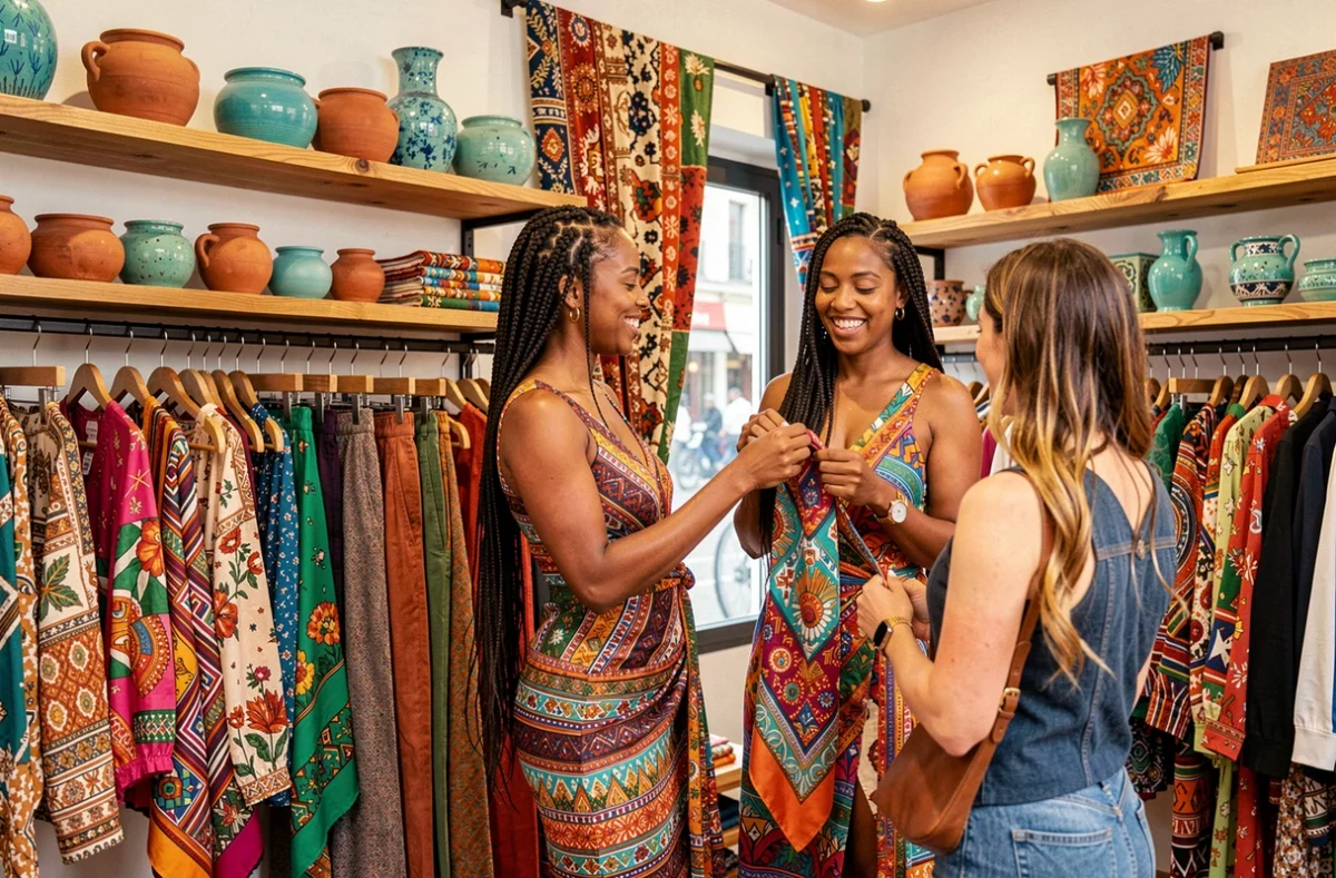 Intérieur coloré et éclectique de la boutique Ochapito à Caen avec textiles ethniques, vêtements imprimés et vendeuse en robe colorée