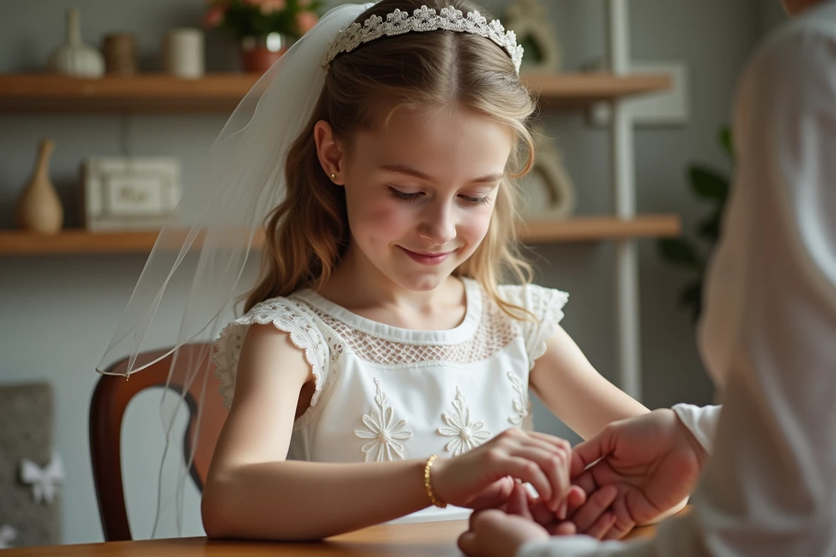 Jeune fille en robe de communion recevant un bracelet doré attaché à son poignet par une femme adulte