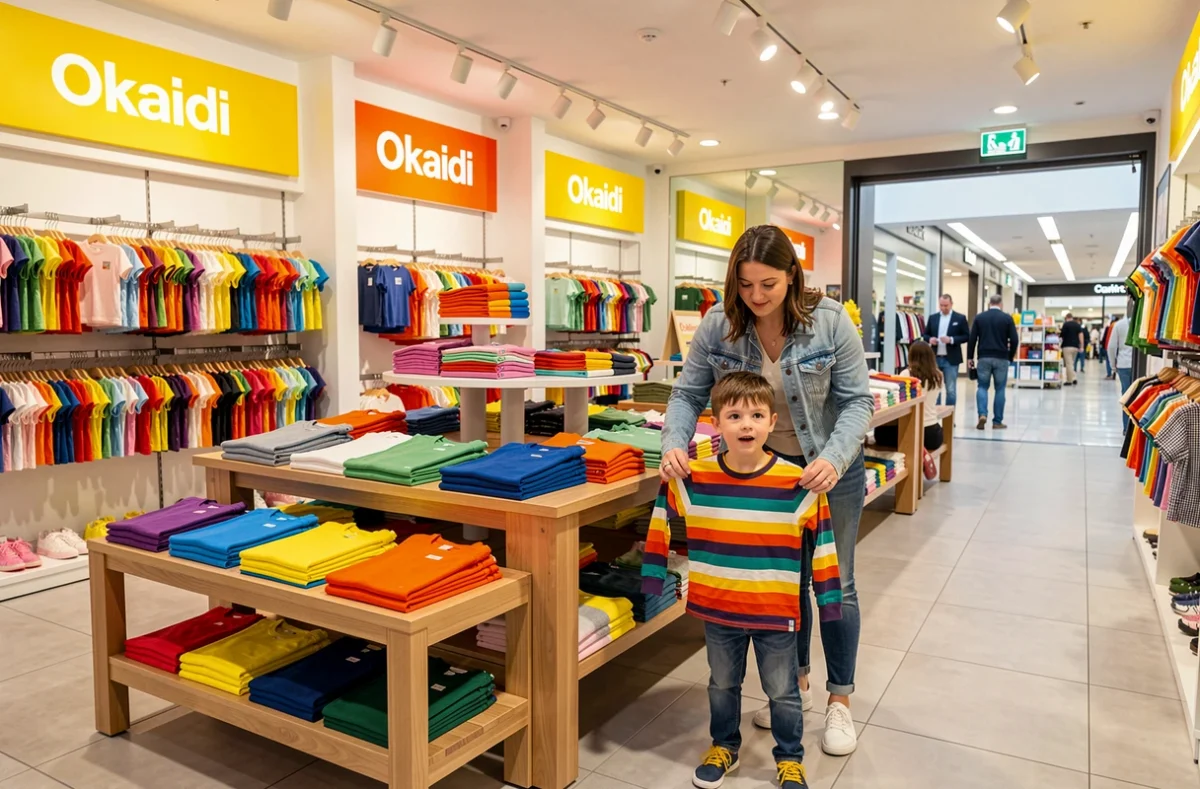 Intérieur du magasin Okaidi au centre commercial Rosny 2 avec des vêtements colorés pour enfants