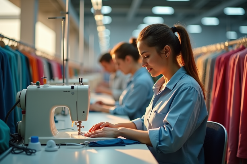Ouvriers textiles en usine moderne en plein jour