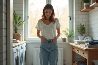 Femme à la maison dont le pantalon descend, entourée d'accessoires de couture pour effectuer des réglages simples