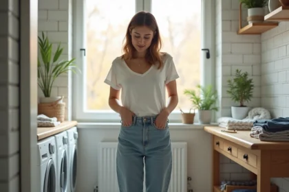Femme à la maison dont le pantalon descend, entourée d'accessoires de couture pour effectuer des réglages simples