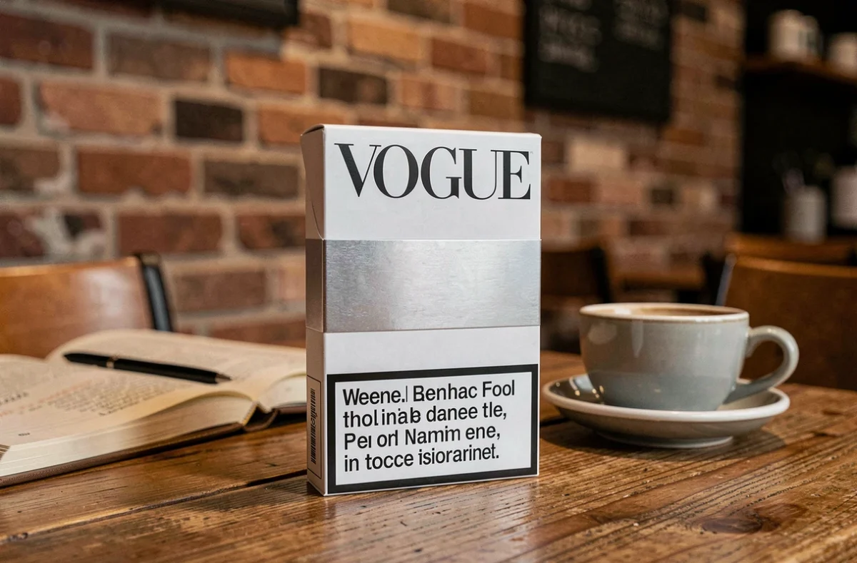 Paquet de cigarettes Vogue variante argent posé sur une table de café avec un carnet et un expresso en arrière-plan légèrement flou