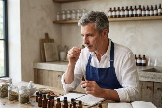 Parfumeur homme en atelier moderne en train d'évaluer des ingrédients