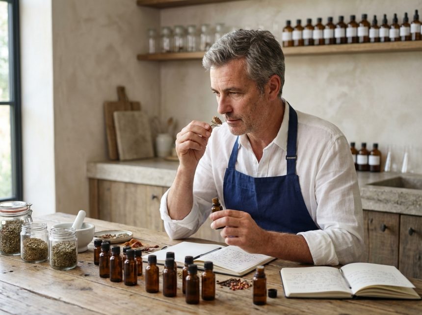 Parfumeur homme en atelier moderne en train d'évaluer des ingrédients