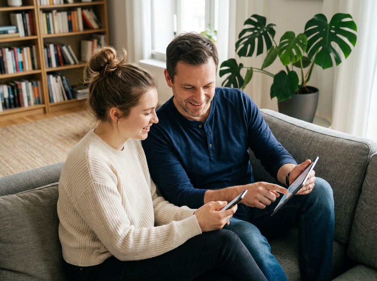 Père et fille adulte comparant des contenus sur tablette et smartphone dans un salon moderne