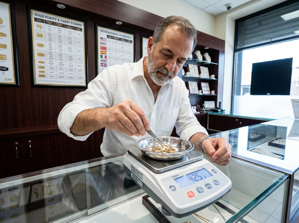 Expert pesant des bagues en or sur une balance de précision dans une boutique de rachat