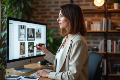 Photographe professionnelle analysant un portfolio photo sur écran dans un studio moderne en 2026