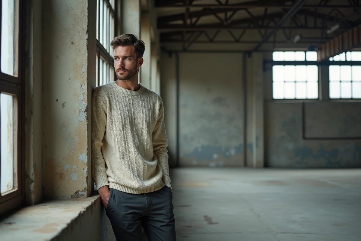 Portrait homme tendance photographie urbaine éditoriale dans bâtiment industriel abandonné style 2026