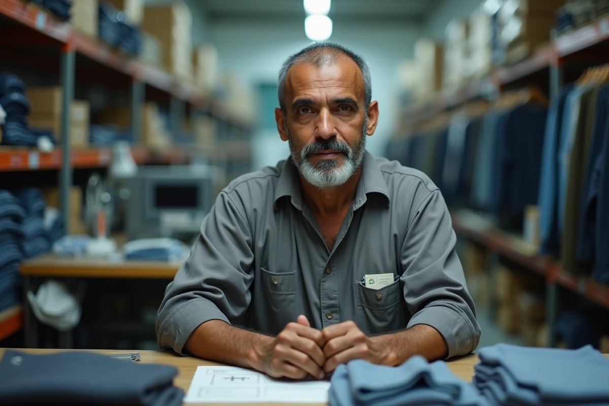 Portrait d'un ouvrier travaillant au contrôle qualité dans une usine textile, symbole des conditions humaines de travail dans l'industrie de la mode
