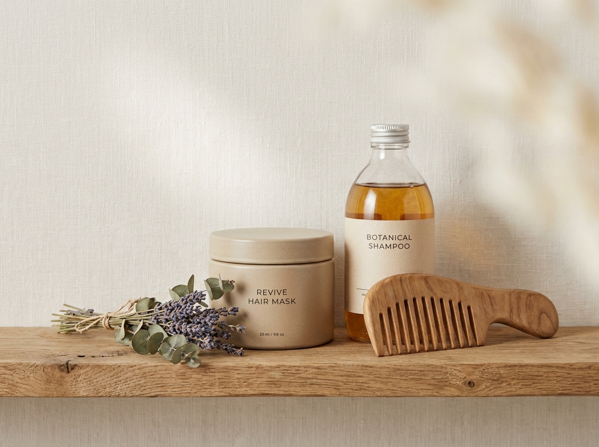 Collection de produits capillaires naturels et haut de gamme disposés sur une étagère en bois dans une salle de bain épurée
