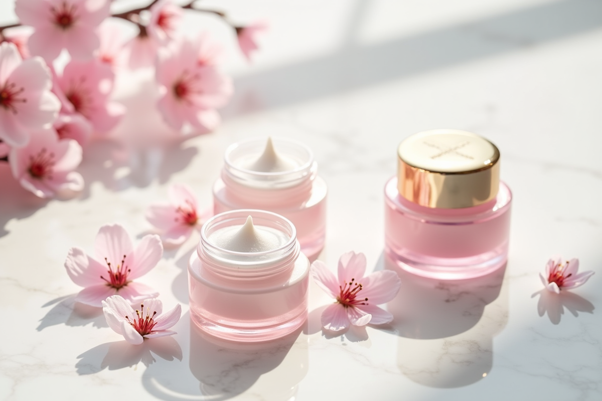 Arrangement de produits koreens de soin sur marbre avec fleurs de cerisier