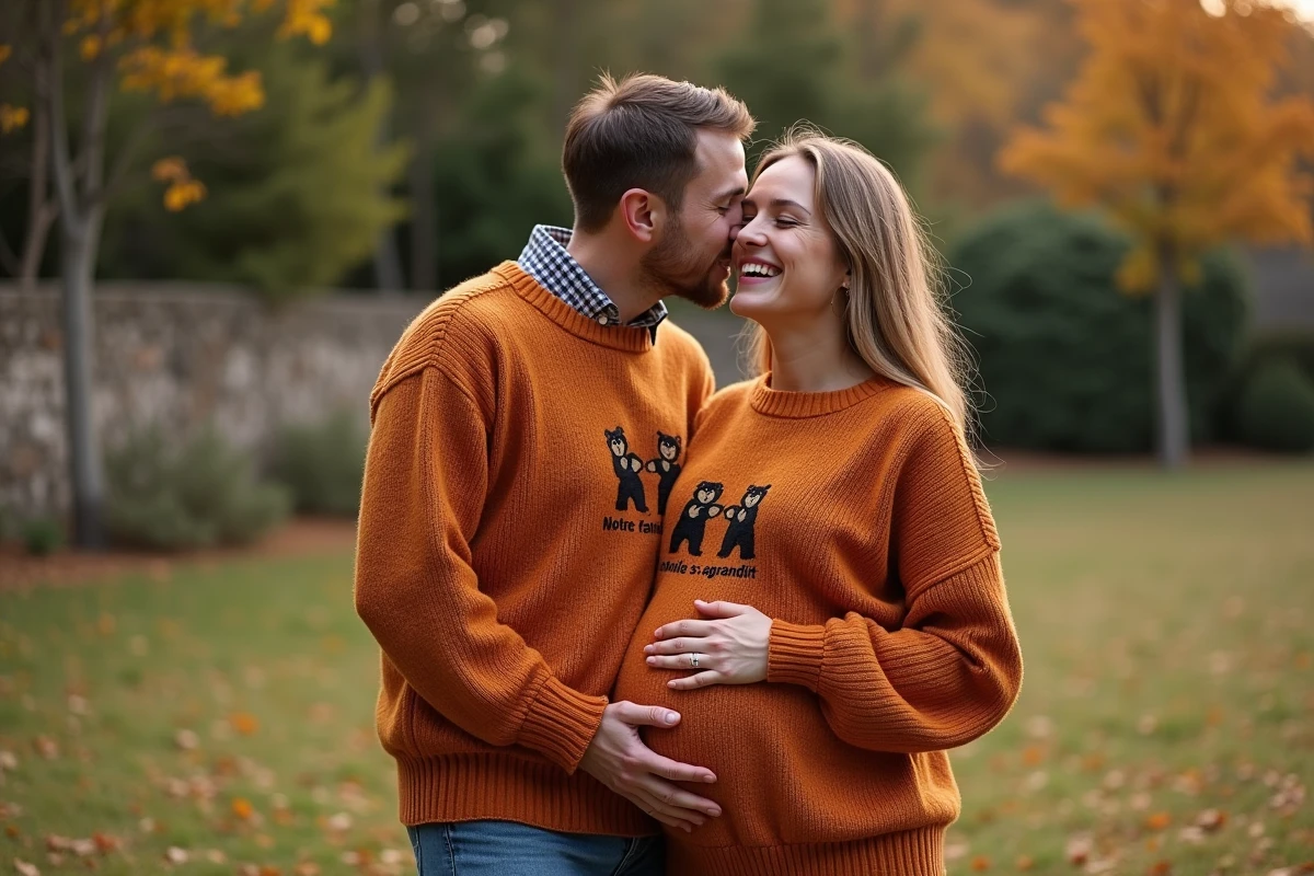 Couple en extérieur portant des pulls personnalisés famille avec broderie ourson pour annoncer l'arrivée d'un bébé