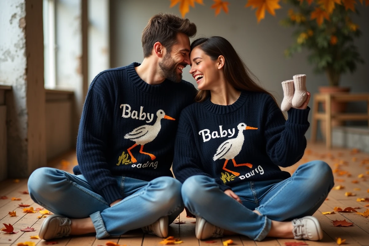 Couple assis sur un parquet en pulls tricotés assortis tenant des chaussettes de bébé pour révéler une grossesse