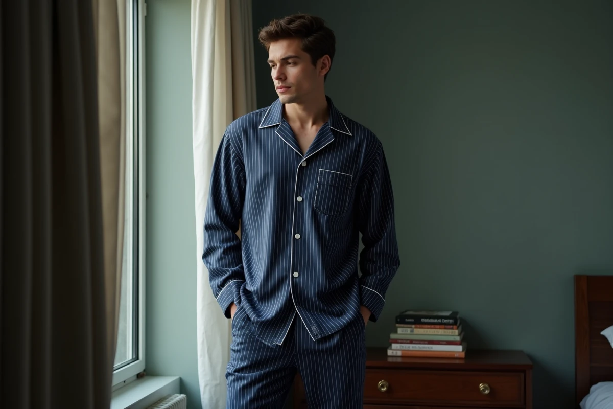 Homme adulte en pyjama deux pièces bleu marine à rayures blanches debout près d'une fenêtre de chambre