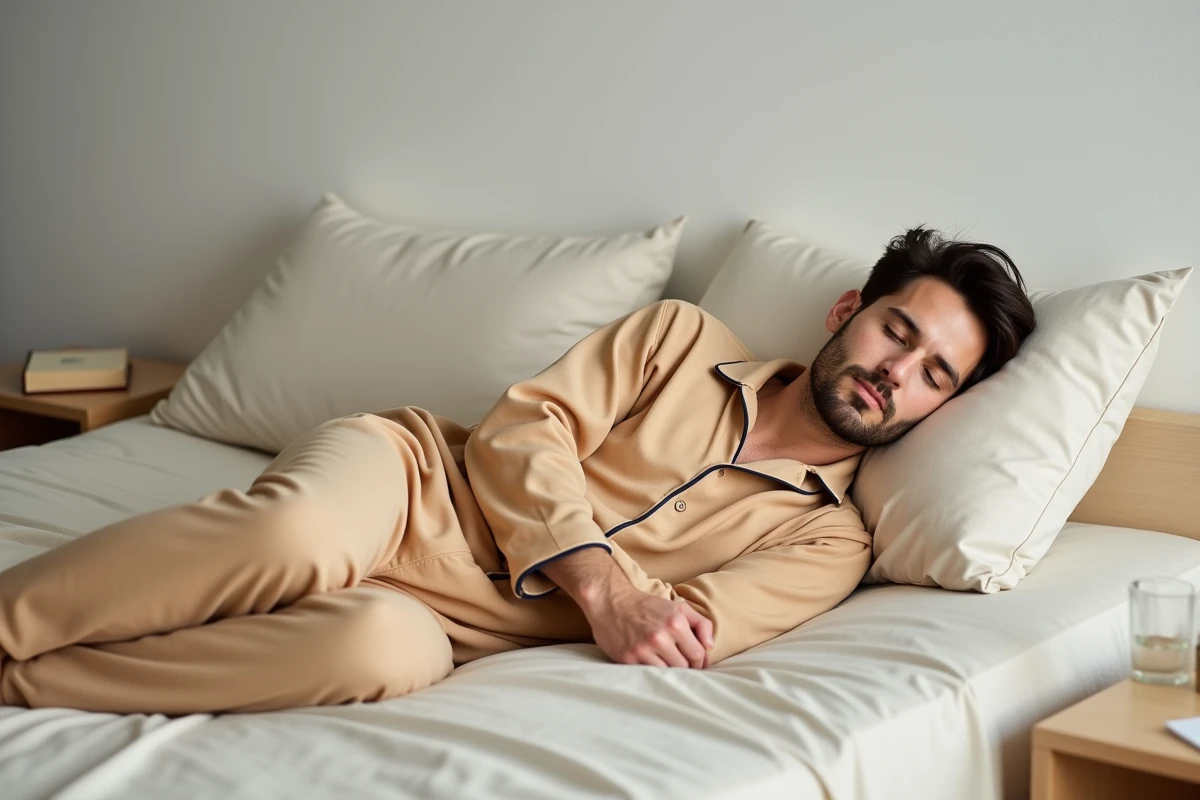 Homme allongé dans une grenouillère en bambou caramel sur un lit minimaliste, matière douce et écologique pour bien dormir