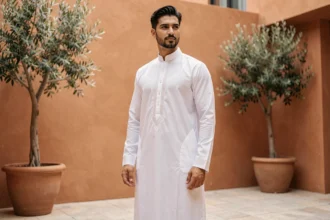 Homme en quamis blanc traditionnel brodé dans une cour urbaine moderne aux murs en terracotta