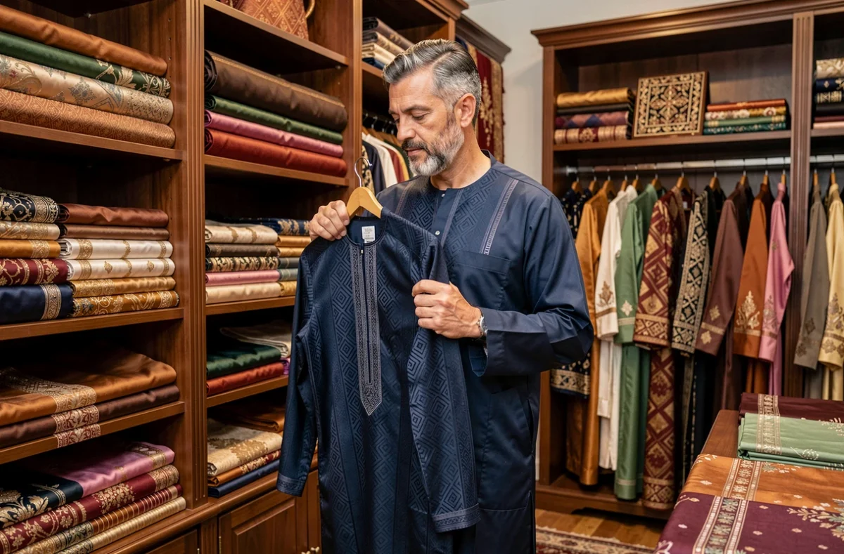 Homme choisissant un quamis bleu marine dans une boutique de tissus traditionnels aux étagères en bois