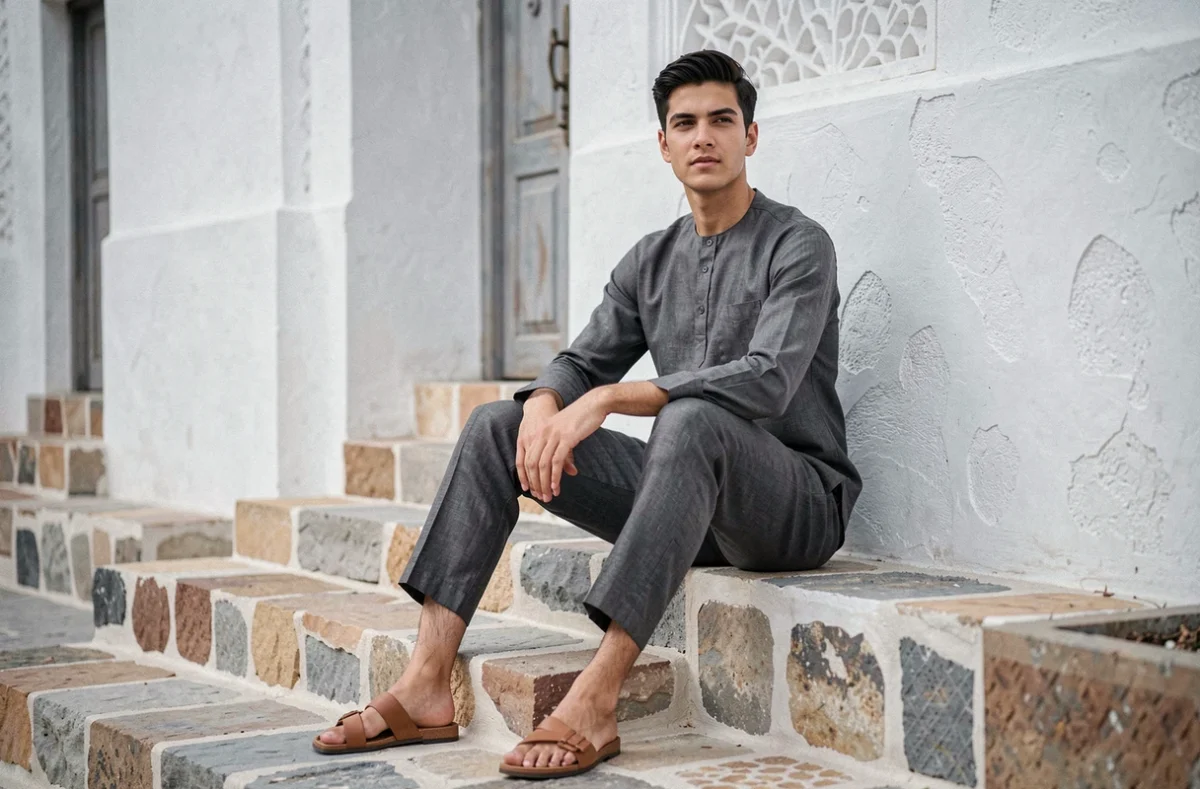 Jeune homme en quamis gris lin moderne assis sur des marches en pierre devant un bâtiment à l'architecture arabe