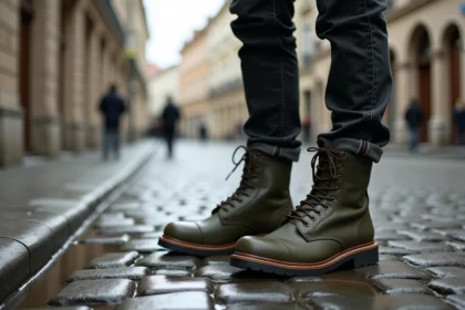 Rangers grande taille pour homme en cuir olive portées sur des pavés mouillés en ville