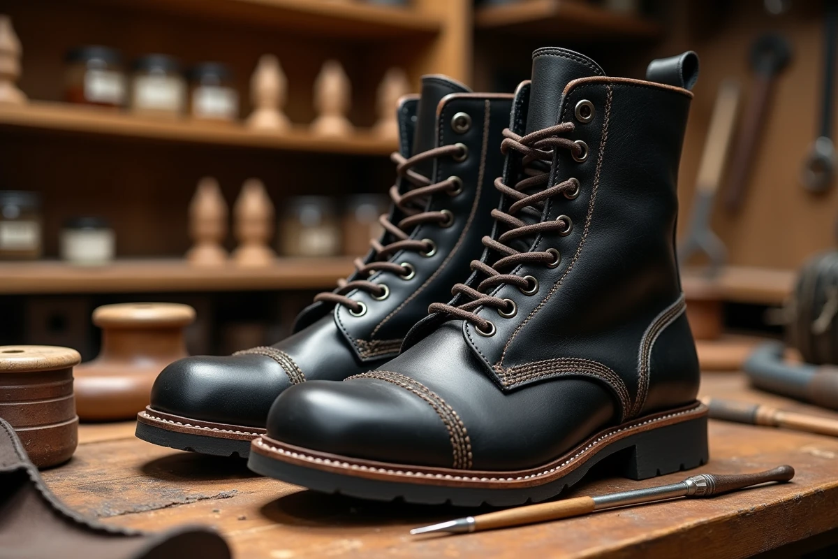 Paire de rangers grande taille en cuir noir posée sur un établi de cordonnier avec accessoires artisanaux