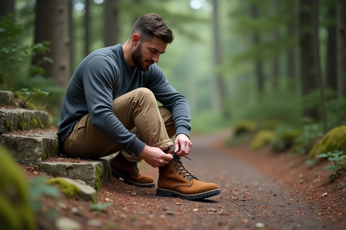 Homme grande taille lacant ses rangers en cuir suède brun à l'entrée d'un sentier forestier