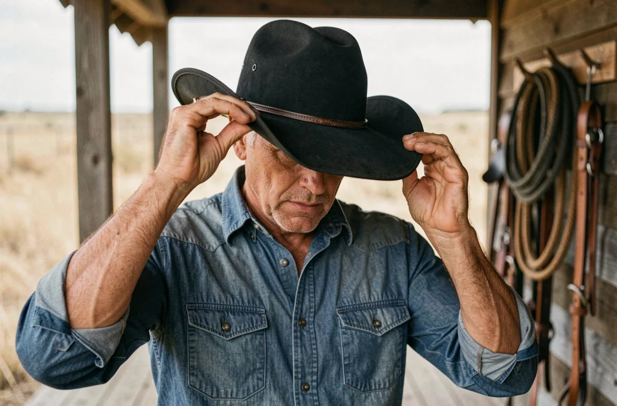 Homme remodelant à la main le bord d'un chapeau western noir en feutre sur un porche de ranch
