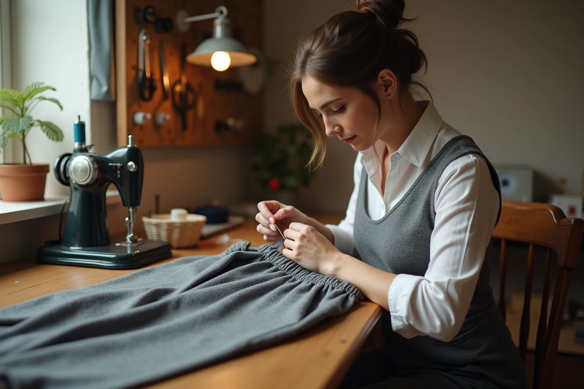 Femme cousant à la main une bande élastique dans la ceinture d'un pantalon en laine gris à sa table de couture