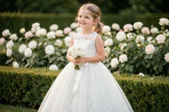 Petite fille en robe blanche de cérémonie avec dentelle et tulle dans un jardin fleuri lors d'un mariage chic