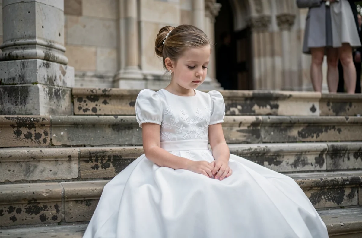 Fillette assise sur des marches en pierre vêtue d'une robe blanche longue de cérémonie pour mariage élégant