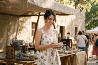 Femme en robe de lin imprimée motifs provençaux lavande et olivier dans un marché en Provence