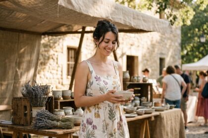 Femme en robe de lin imprimée motifs provençaux lavande et olivier dans un marché en Provence