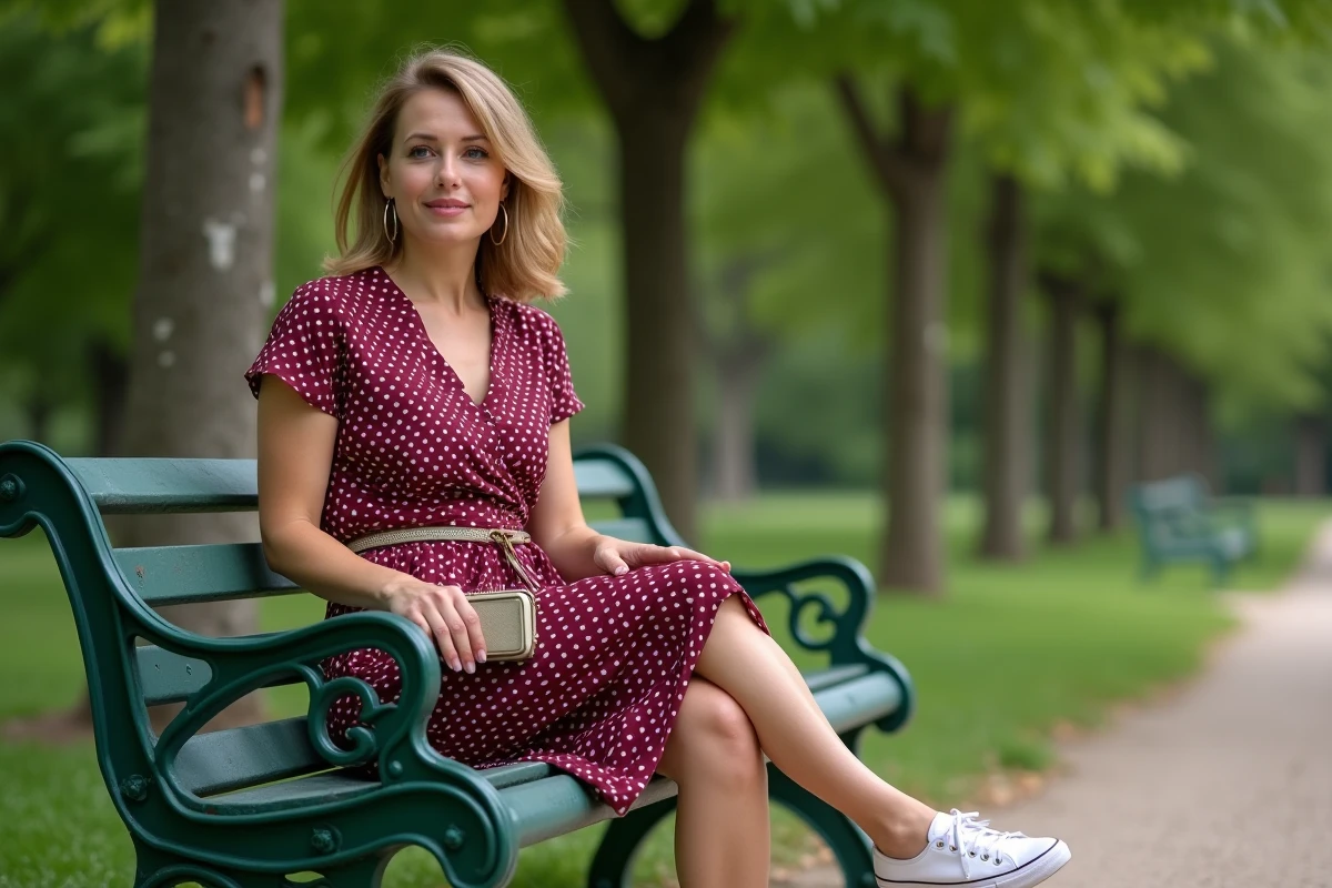 Femme assise sur un banc de jardin public en robe portefeuille à pois bordeaux et crème avec des sneakers blanches, tenue guinguette chic actualisée sans effet costume