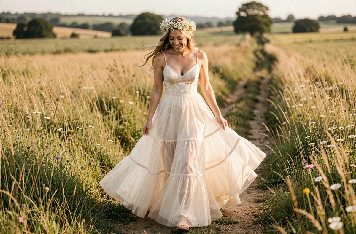 Mariée bohème en robe de mariée tulle crème avec broderies florales marchant sur un chemin de campagne fleuri tendance 2026
