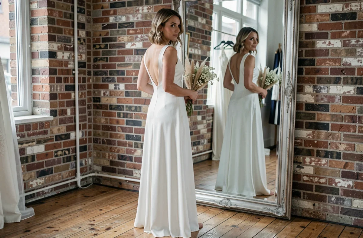 Femme essayant une robe de mariée satin minimaliste dos ouvert dans une boutique de mariage vintage pour budget limité 2026