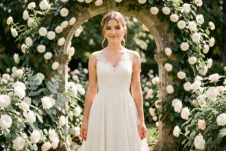 Jeune mariée en robe de mariée chiffon ivoire abordable dans un jardin botanique fleuri pour un mariage 2026 petit budget